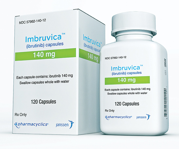 alt="Embalagem e frasco de Imbruvica 140 mg, contendo 120 cápsulas para tratamento oncológico, prescrição médica obrigatória.